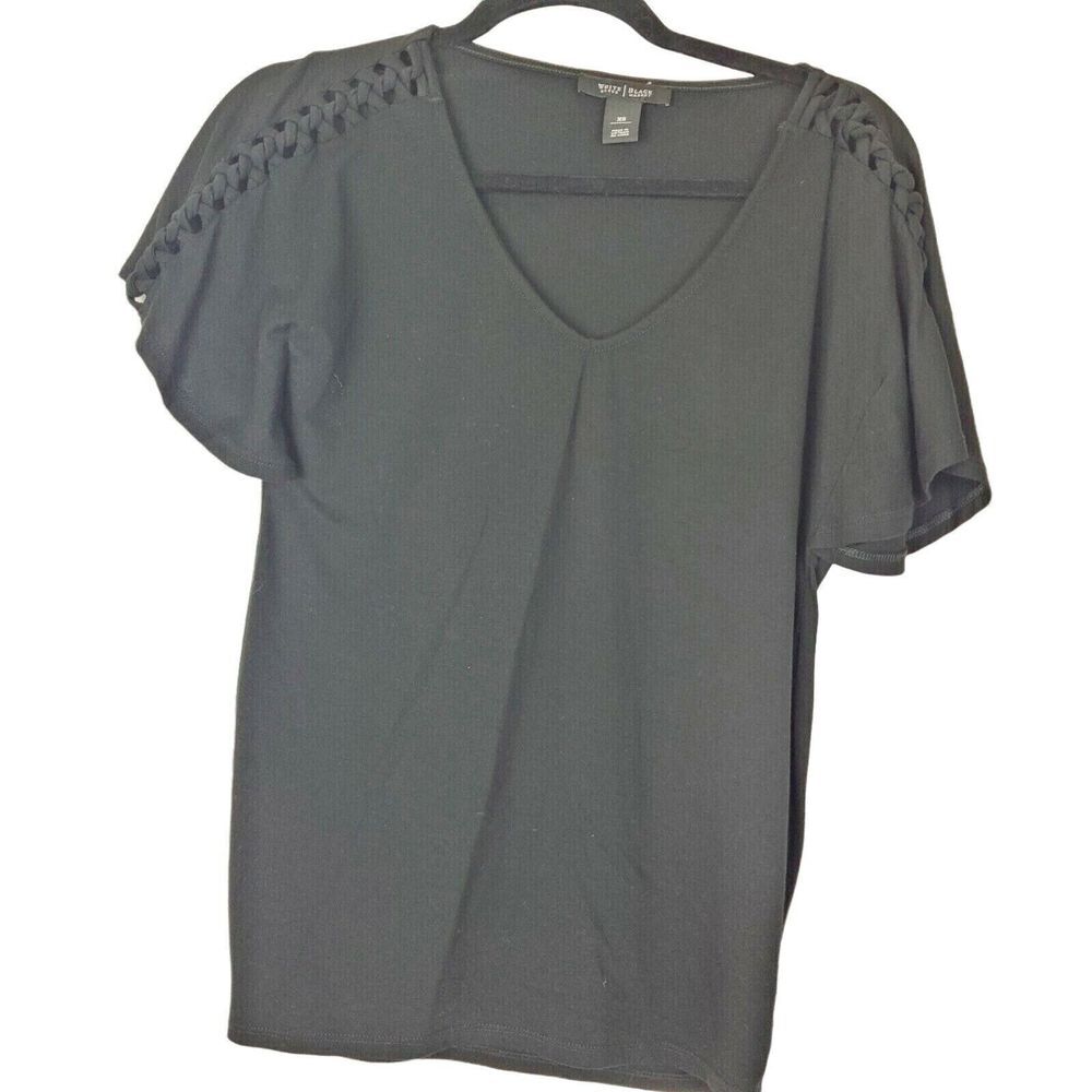 White House Black Market Braided Shoulder Top Stretch SS Size XS Black